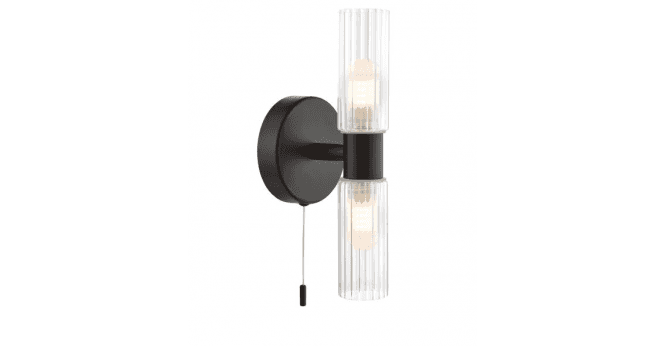 Där Lighting Bolton 2 Light Bathroom Wall Light Matt Black and Ribbed Glass IP44