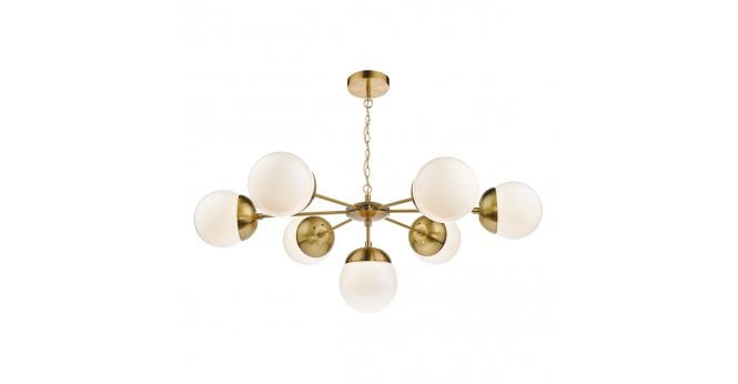 Där Lighting Bombazine 7 Light Pendant Natural Brass & White Opal Glass