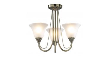 Boston 3 Light Semi-Flush Antique Brass and Opal Glass