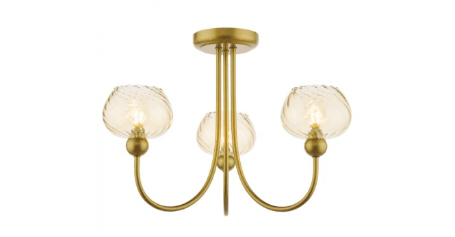 Där Lighting Cognac 3 Light Semi-Flush Satin Gold and Champagne Ribbed Glass