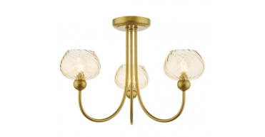 Cognac 3 Light Semi-Flush Satin Gold and Champagne Ribbed Glass