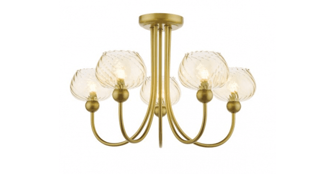 Där Lighting Cognac 5 Light Semi-Flush Satin Gold and Champagne Ribbed Glass