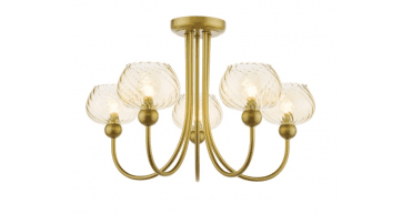 Cognac 5 Light Semi-Flush Satin Gold and Champagne Ribbed Glass