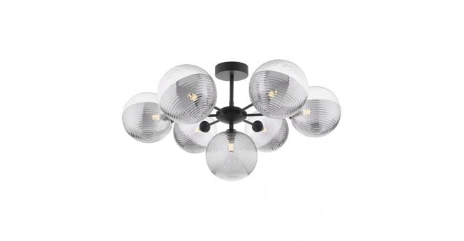 Där Lighting Cohen 7 Light Pendant Matt Black With Smoked/Clear Ribbed Glass