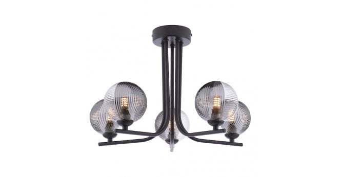 Där Lighting Cradle 5 Light Semi Flush Matt Black With Smoked/Clear Ribbed Glass