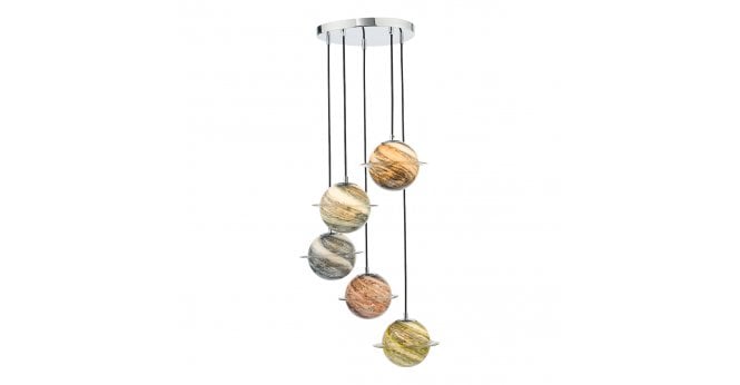 Där Lighting Cygnus 5 Light Cluster Pendant Polished Chrome and Planet Style Glass