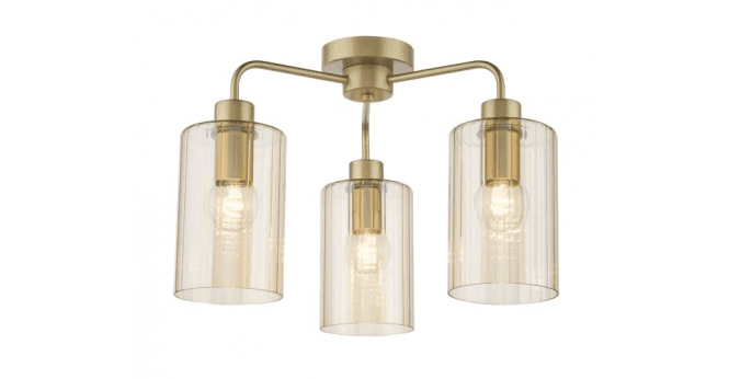 Där Lighting Daylin 3 Light Semi-Flush Satin Gold and Amber Ribbed Glass