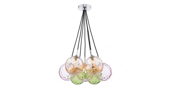 Där Lighting Elpis 7 Light Cluster Pendant Polished Chrome Mixed Coloured Glass