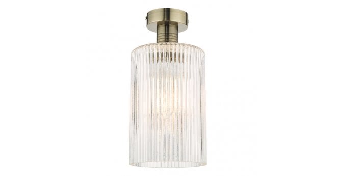Där Lighting Emerson Semi Flush Antique Brass Cylinder Ribbed Glass