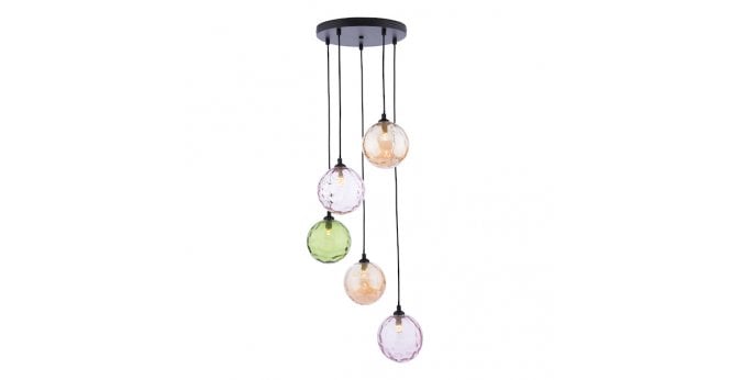 Där Lighting Federico 5 Light Cluster Pendant Matt Black Mixed Coloured Glass