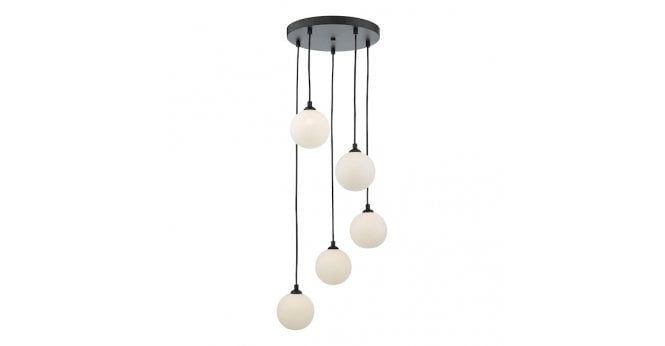 Där Lighting Federico 5 Light Cluster Pendant Matt Black With Opal Glass