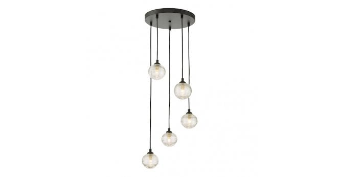 Där Lighting Federico 5 Light Cluster Pendant Matt Black With Ribbed Glass