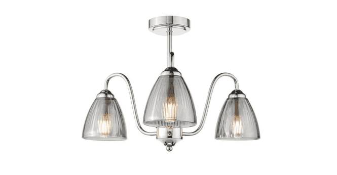 Där Lighting Glynis 3 Light Semi-Flush Polished Nickel and Smoked Ribbed Glass