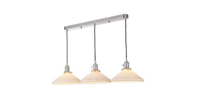 Där Lighting Hadano 3 Light Bar Pendant Antique Chrome & Ceramic Shallow Shade