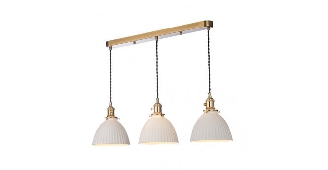 Där Lighting Hadano 3 Light Bar Pendant Natural Brass & Ceramic Domed Shade