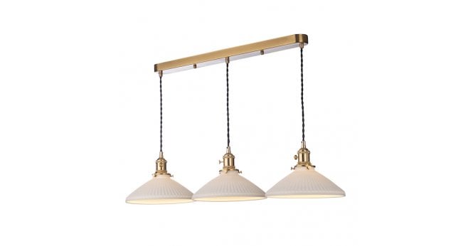 Där Lighting Hadano 3 Light Bar Pendant Natural Brass & Ceramic Shallow Shade