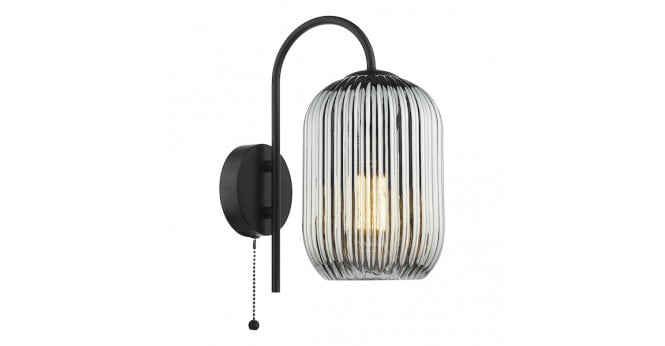 Där Lighting Idra Wall Light Matt Black and Smoked Ribbed Glass