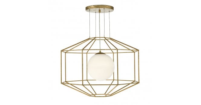 Där Lighting Izmir 1 Light Pendant Hexagonal Old Gold Frame Opal Glass