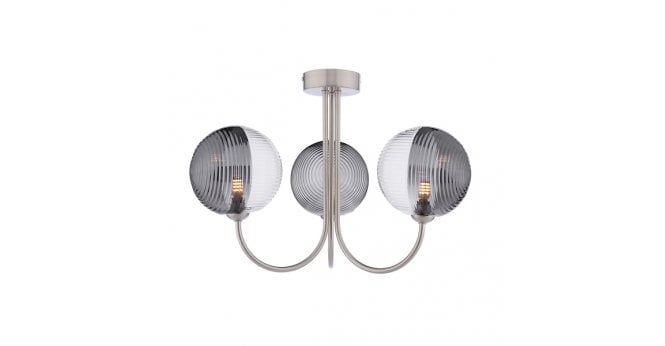 Där Lighting Jared 3 Light Semi-Flush Satin Nickel & Smoked/Clear Ribbed Glass