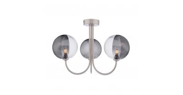 Jared 3 Light Semi-Flush Satin Nickel & Smoked/Clear Ribbed Glass