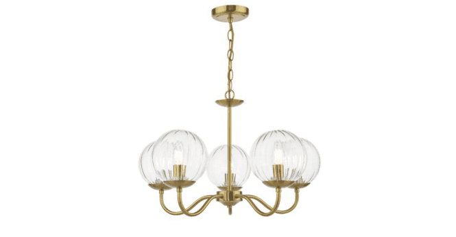 Där Lighting Jocelyn 5 Light Armed Pendant Natural Brass and Glass