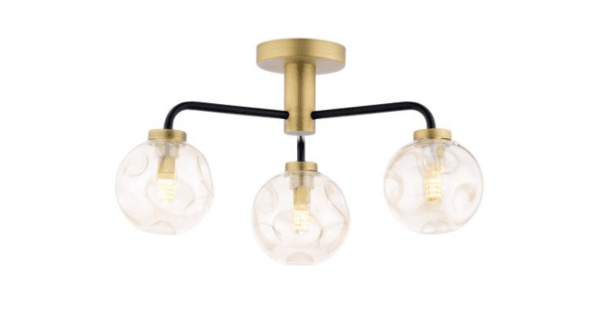 Där Lighting Lainey 3 Light Semi-Flush Matt Black and Antique Brass With Closed Organic Amber Glass