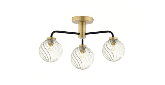 Där Lighting Lainey 3 Light Semi-Flush Matt Black and Antique Brass With Twisted Glass