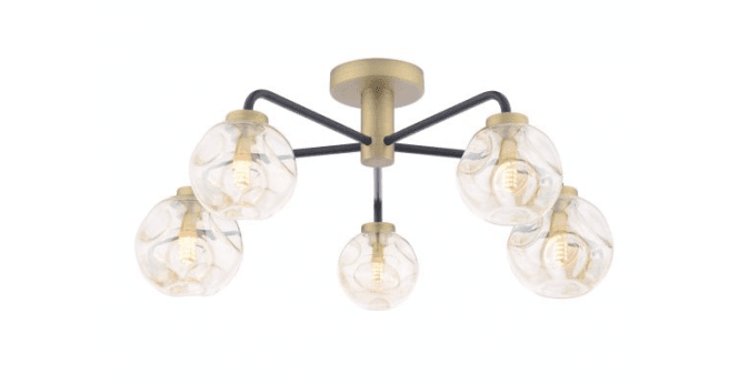 Där Lighting Lainey 5 Light Semi-Flush Matt Black and Antique Brass With Closed Organic Amber Glass