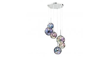 Mira 6 Light Cluster Pendant Polished Chrome Iridised Glass