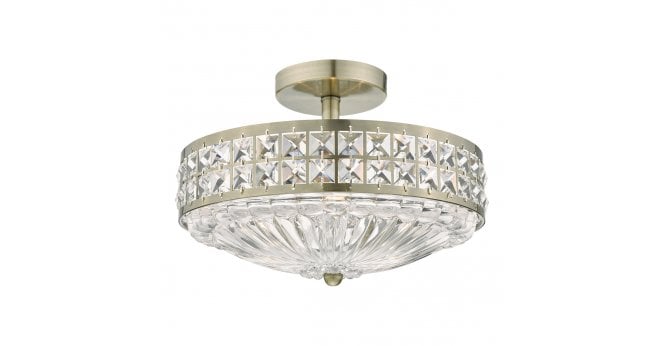 Där Lighting Olona 3L Light Semi Flush Antique Brass Crystal Beads and Glass Diffuser
