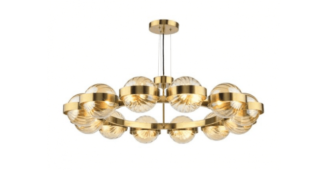 Där Lighting Ophira 12 Light Pendant Antique Gold and Amber Ribbed Glass