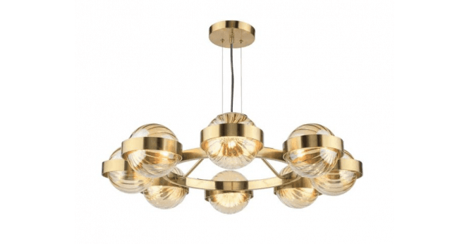 Där Lighting Ophira 8 Light Pendant Antique Gold and Amber Ribbed Glass