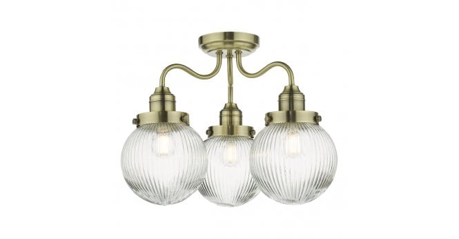 Där Lighting Tamara 3 Light Bathroom Semi Flush Antique Brass Ribbed Glass IP44