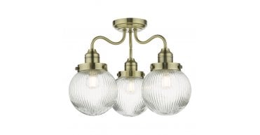Tamara 3 Light Bathroom Semi Flush Antique Brass Ribbed Glass IP44