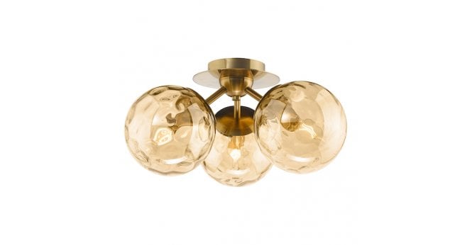 Där Lighting Ulrika 3 Light Flush Antique Brass and Amber Glass