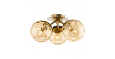 Ulrika 3 Light Flush Antique Brass and Amber Glass