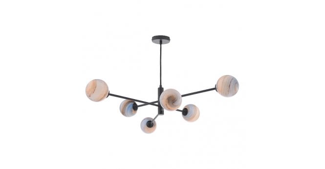 Där Lighting Vignette 6 Light Pendant Matt Black With Planet Style Glass