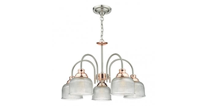 Där Lighting Wharfdale 5lt Pendant Satin Chrome Copper detail Glass Shades