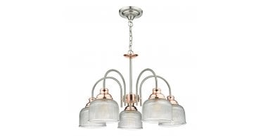 Wharfdale 5lt Pendant Satin Chrome Copper detail Glass Shades