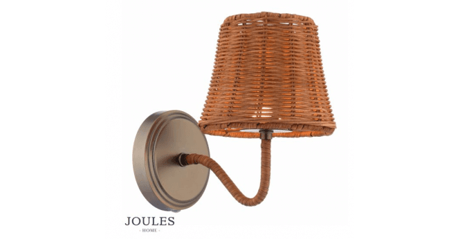 Dar Lighting Joules Elcot Rechargeable Wall Light Satin Bronze With Rattan Shade LED