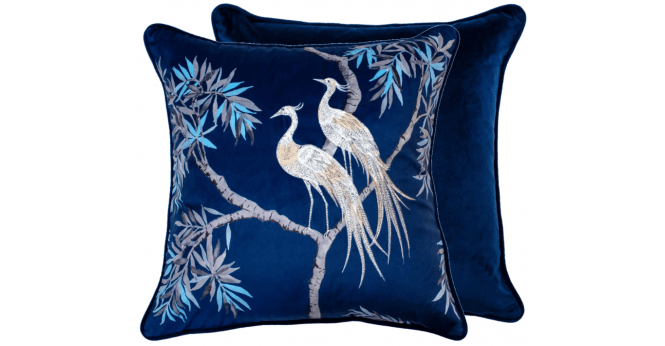 Malini  EMBROIDERED NIGHTINGALES ON BLUE VELVET 45 X 45