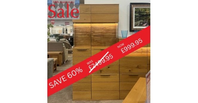 Wood Bros CLEARANCE Klose Koln 2 Bay Display Unit with Decorative Panels + Lighting in Wild Oak